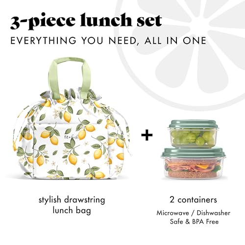 Fit & Fresh Lunch Bag For Women, Insulated Womens Lunch Bag For Work, Stain-Resistant Large Lunch Box For Women With Containers, Cinch Closure Cromwell Bag, Lemons by Fit & Fresh - Used condition - Image 2
