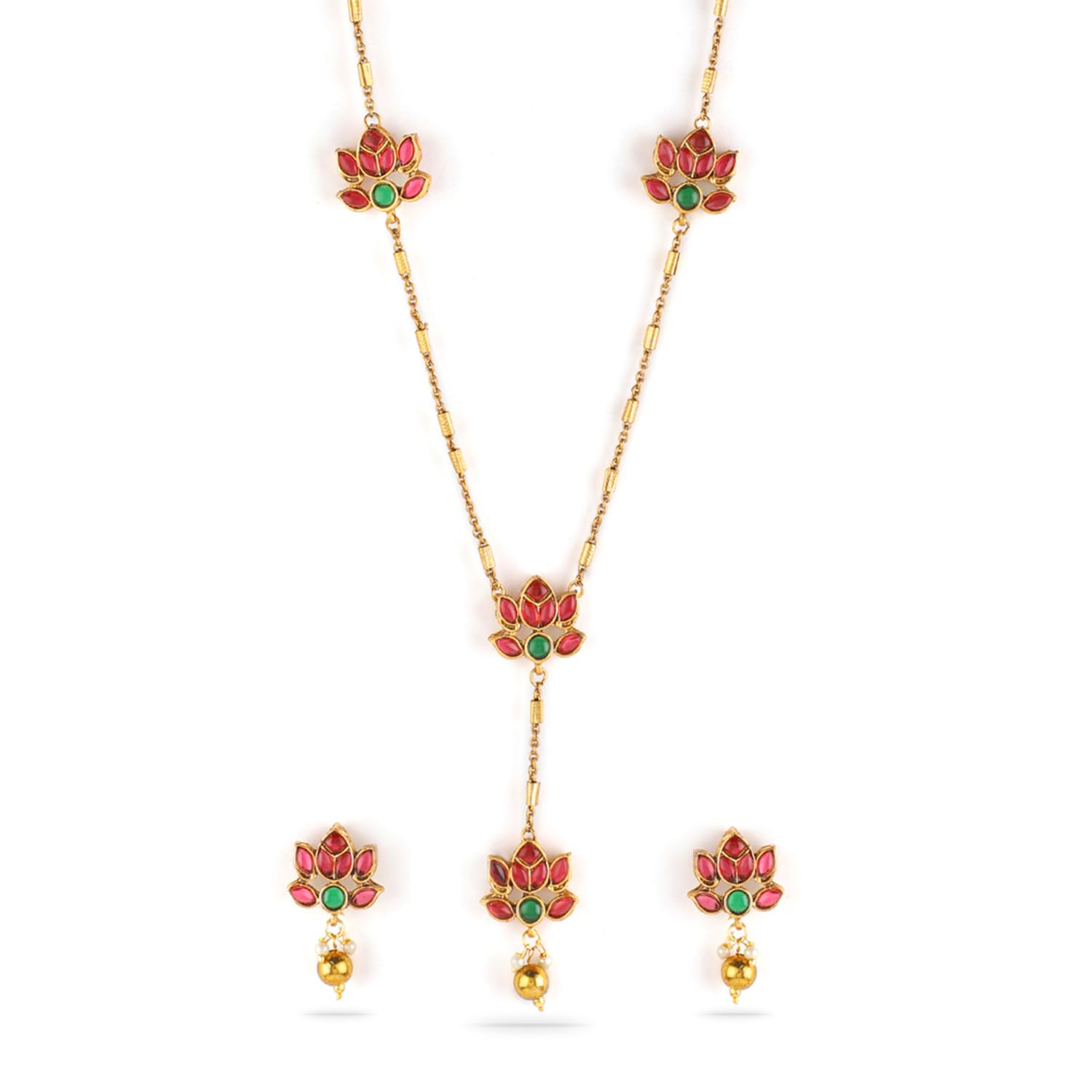 Rubans22K Gold-Plated Emerald Green, Ruby Pink Kundan Studded Jewellery Set with Golden Beads-Lotus motif