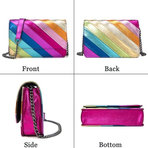 Image of Rejolly Rainbow Stripe Crossbody Shoulder Bag for Women Color Blocking PU Leather Colourful Purse with Chain Strap | PU Leather, with Chain Strap