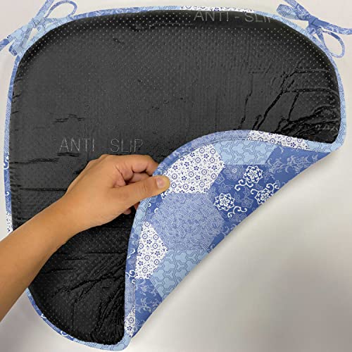 Lunarable Japanese Chair Seating Cushion Set Of 12, Antique Patchwork Art Floral Pattern Geometric Hexagonal Handmade, Seat Pads For Office With Anti-Slip Backing, 16"X16", Blue White #TOP4
