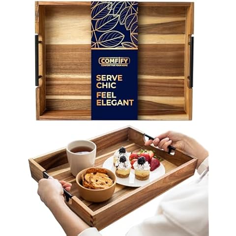 Decorative Serving Tray with Black Handles - Premium Acacia Wood Grain - Impress Your Guests with This Ottoman Tray, Serve Breakfast in Bed, Organize & Declutter - 13 x17 inch by Comfify Cover