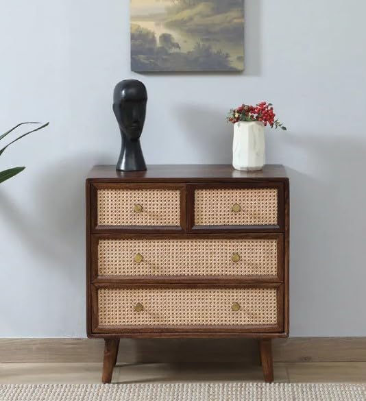 Wooden Natural Bamboo Cane Chest of Drawers | 4 Drawers Dresser Console Cabinet for Bedroom, Living Room, Drawing Room | Multipurpose Storage Sideboard | Solid Sheesham Wood, Provincial Teak Finish-image-35