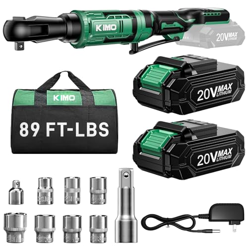 KIMO 20V Cordless Ratchet Wrench 3/8, 89Ft-lbs 400RPM Electric Ratchet Wrench Set with Variable Speed, 2x2.0Ah Battery Ratchet, LED Light, 7Socket, 3/8' to 1/4' Adapter, 3' Extension Bar, Fast Charger