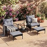 GIANTEX Set da Giardino in Rattan per 2 Persone, Composto da 2 Poltrone con Sgabello e Cuscini Imbottiti, Mobili Compatti Ideali per Balcone e Terrazzo