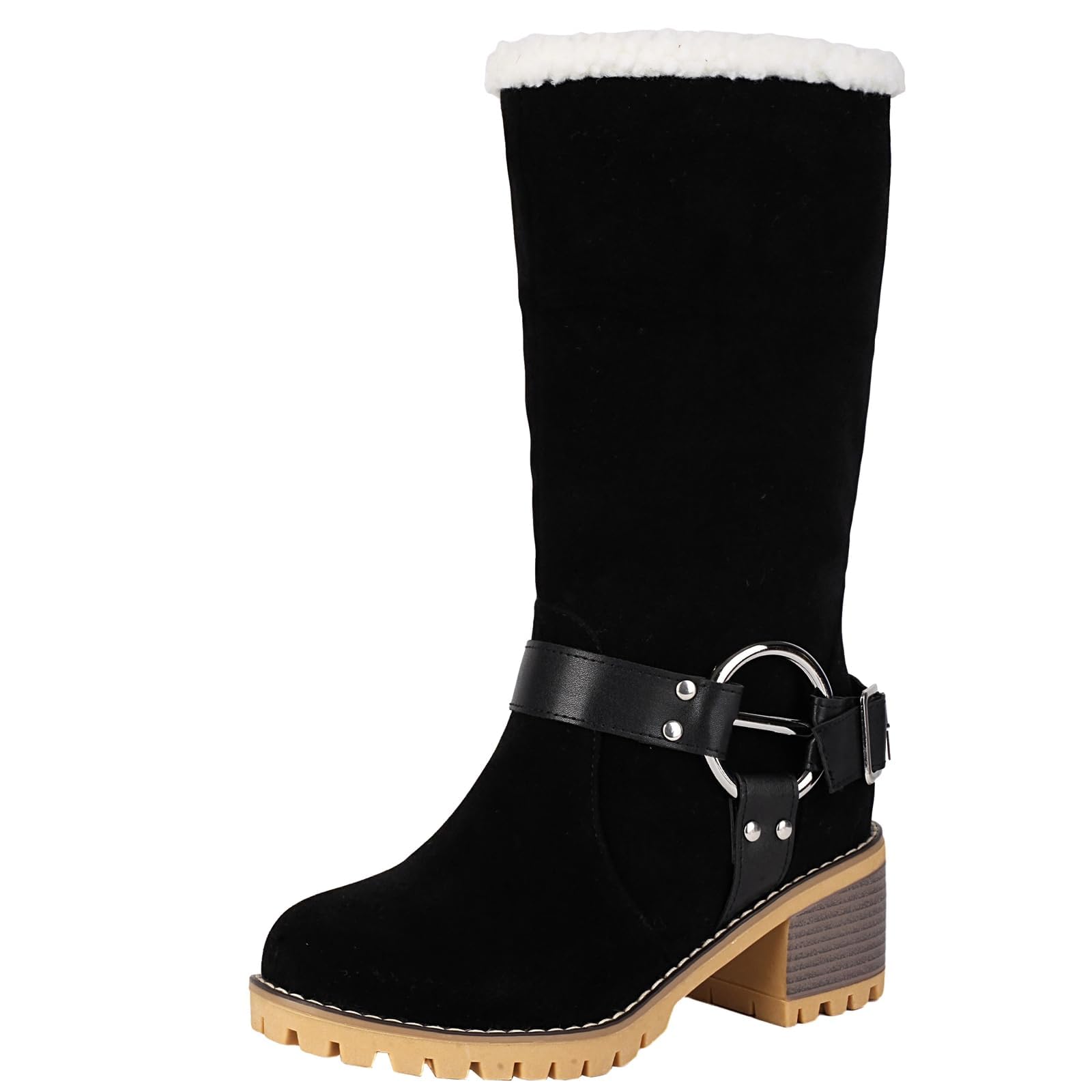 Winter Boots for Women Pull On Mid Chunky Heel Suede Fur Lined Warm Snow Ankle Boots Outdoor Shoes