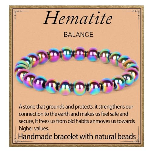 LPBeads Handmade Natural Gemstone Stretch Elastic 8mm Rainbow Coated Hematite Bracelet Healing Crystal Round Stone Beads Jewelry Gifts for Women Men