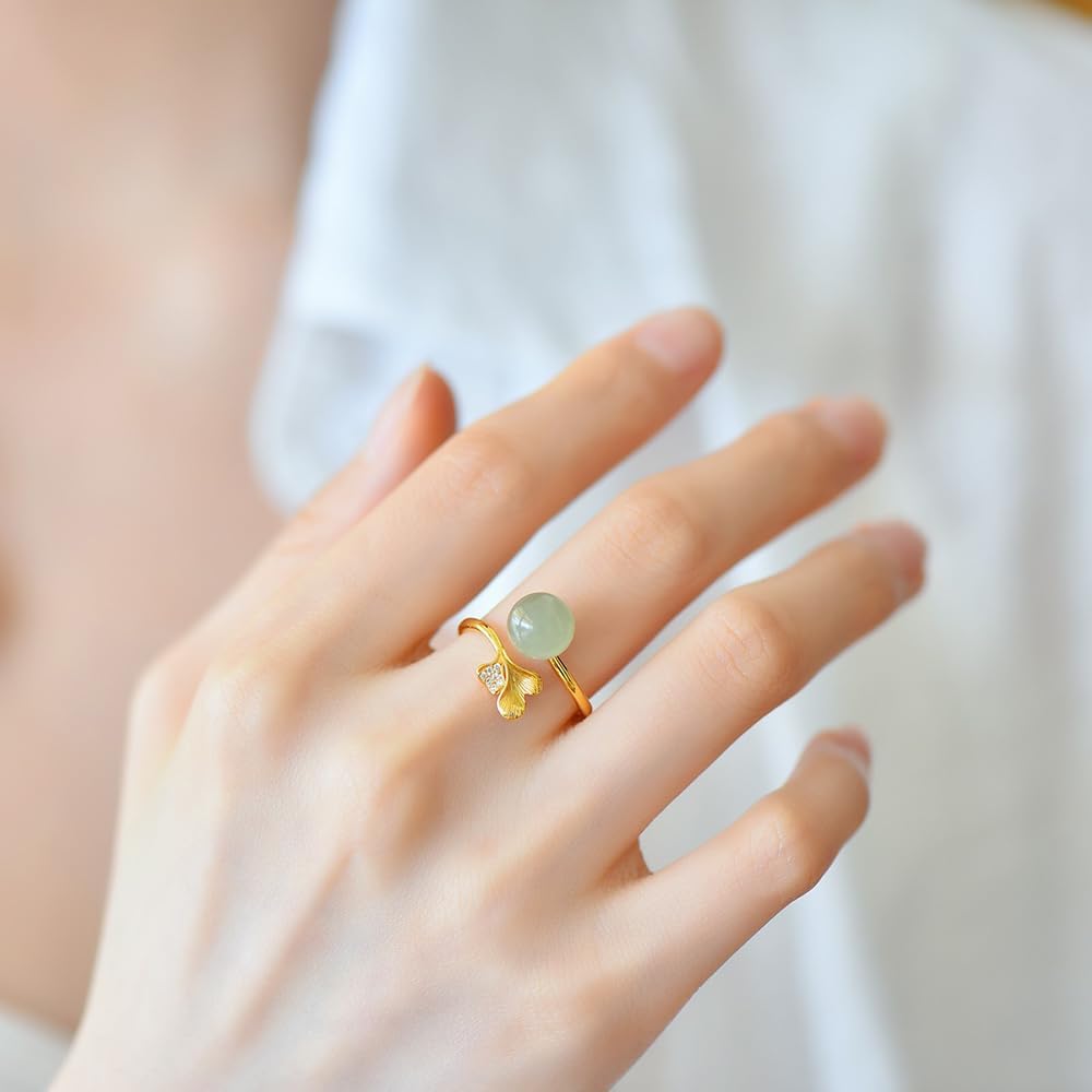 S925 Silver-Inlaid Natural Cyan White Jade Round Bead Ring Opening Adjustable Including Certificate