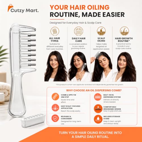 Image of Hair Oil Applicator Comb, Refillable Scalp Massager & Liquid Dispenser with Storage Base, Even Oil Distribution Tool for All Hair Types & Growth Routines (Clear)