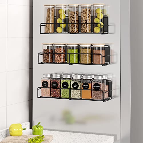 Image of 3 Pack Magnetic Spice Rack Organizer, Space Saver for Refrigerator and Whiteboard, Metal Fridge Shelf for Kitchen and Classroom, Black