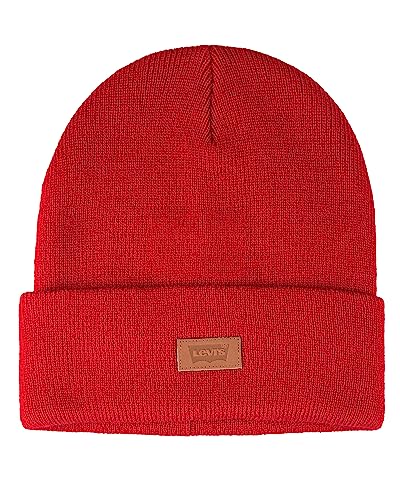 Levi's Unisex-Adult's All Season Comfy Leather Logo Patch Cuffed Hero Beanie, Red, One Size