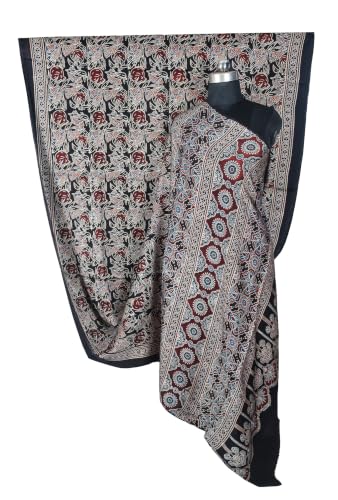 Image of Ethnics of Kutch Womenss Ajrakh Modal Silk Natural Dye Hand Block Print Saree with Blouse Piece - 5.5 Mtr Length (Black 03601D)