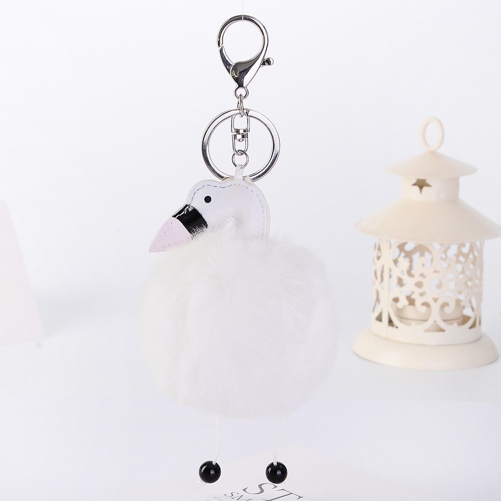 Flamingo Keychain/Cute Creative Animal Keychains Pompom Fur,White Keychain