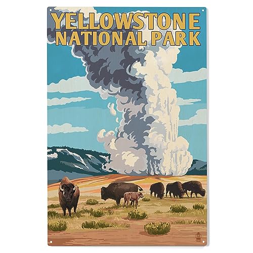 Image of Lantern Press 10x15 Inch Wood Sign, Ready to Hang Wall Decor, Yellowstone National Park, Wyoming, Old Faithful Geyser and Bison Herd