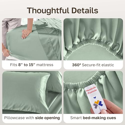 Image of California Design Den 500TC 100% Cotton Twin Sheets Set, Sea Glass Sage | Good Housekeeping Seal, OEKO-TEX Certified, Silky-Soft Sateen Weave, 3pc Set, 15 inch Deep Pockets, For Hot Sleepers, All-Season