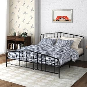 Novogratz Bushwick Modern Metal Bed Slightly Triangular Headboard and Footboard with Inset Spindles Adjustable Base Height for Underbed Storage Requires No Box Spring King Size Black