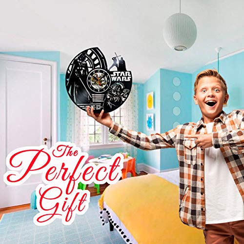 Star Decor Wars Vinyl Wall Clock With Epic Space Movie Characters Vintage Space Movie Heroes Themed Art Home Room Decorations Gift For Birthday Holiday Christmas 12” Lp Clock Black #TOP2