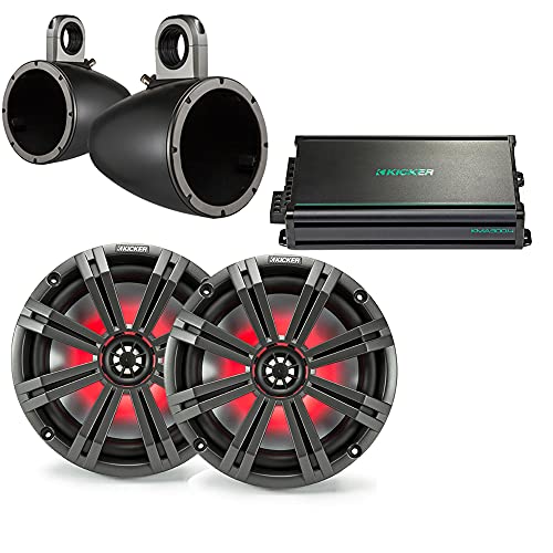 Kicker 8' BlackCharcoal Wake Tower LED Marine Speakers 1-Pair with 300 Watt Marine Amplifier