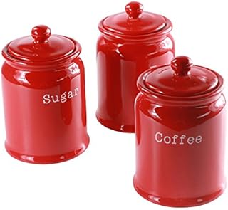 Tea Coffee and Sugar Large Storage Pots Ceramic Red Set of 3