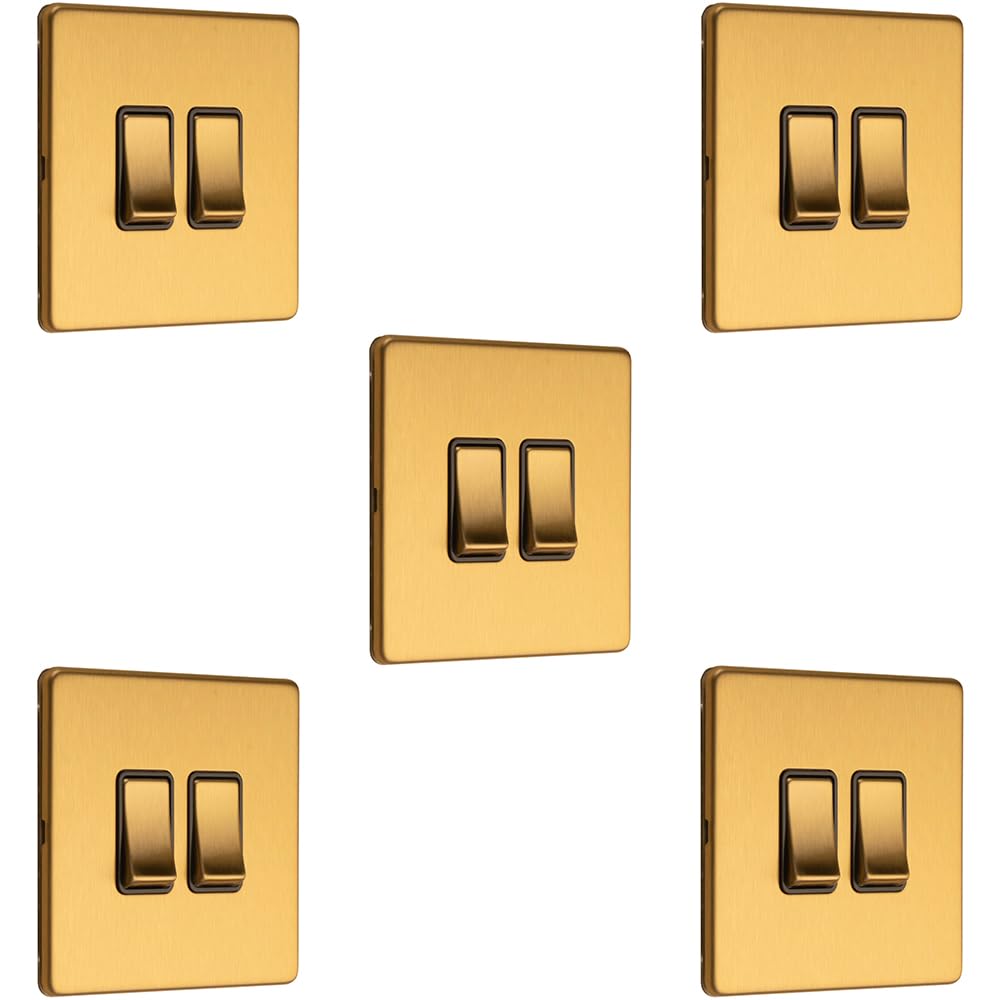 Doppel-Lichtschalter, schraubenlos, satiniertes Messing, 2-Wege, 10 A, schmaler Kippschalter, dekorative Küche, Wohnzimmer, Schlafzimmer, 5 Stück