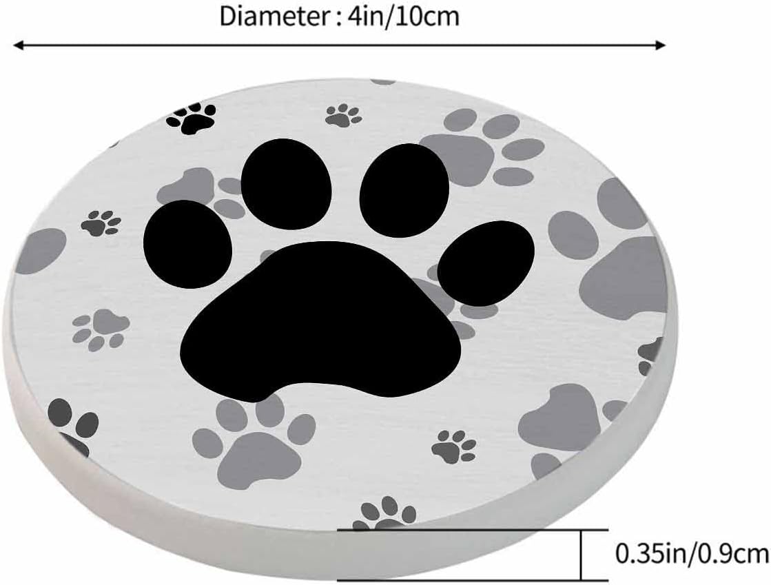 Black and Gray Paws Coaster for Drinks Individual Silhouette Cartoon Animal Dog Cat Paw Print Cute Puppy Kitten Feet Presents for Housewarming Birthday and Family 100% Diatomite 4''X 4'',2 Pack - Image 2