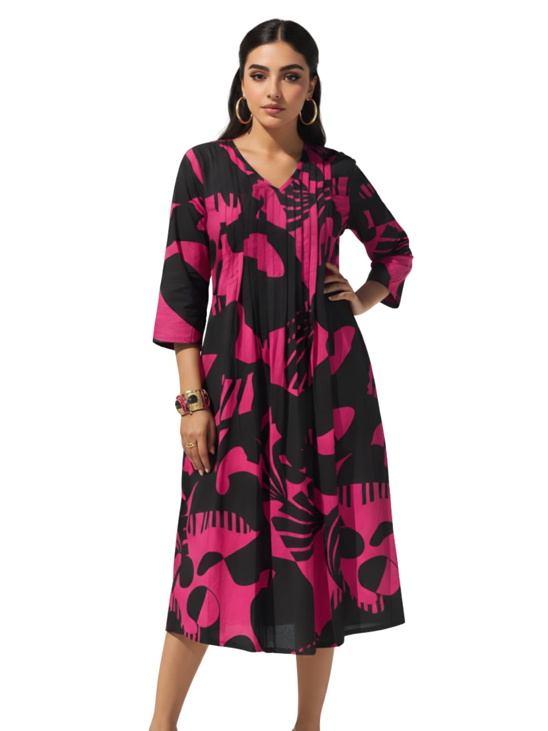 dora dori Women's Pink & Black Abstract Printed 100% Pure Cotton Flared Dress with Front Pleat Detail | V-Neck, 3/4 Normal Sleeves | Casual Day Wear, Office-picture-11