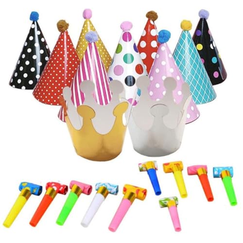 TSUOUKL 21 peças gorros de festa, chapéu de festa de aniversário com pompões, chapéu de coroa, decoração de festa colorida, chapéu de festa para abritos e adultos