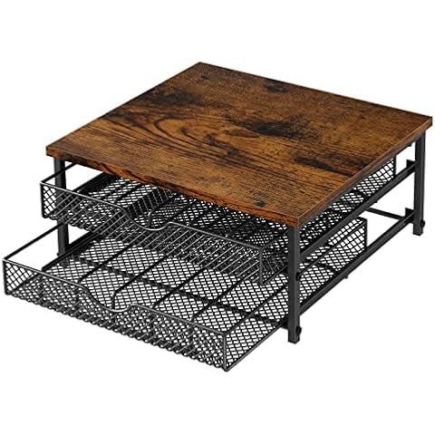 Coffee Pod Drawer K Cup Organizer 2-Tier Coffee Pod Storage Holder with Drawer Baskets 72 Capacity Coffee Capsule Storage Organizer Drawer, Industrial Brown and Black Cover