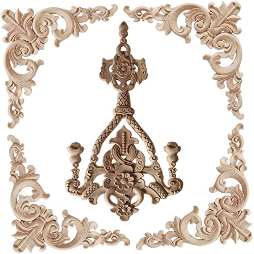 LXYUUM 5PCS Wood Appliques Onlays Decorative for Furniture Wood Carved Onlay for Bed Door Cabinet Wardrobe Furniture Long Decoration Unpainted Wood Carving Decoration,02