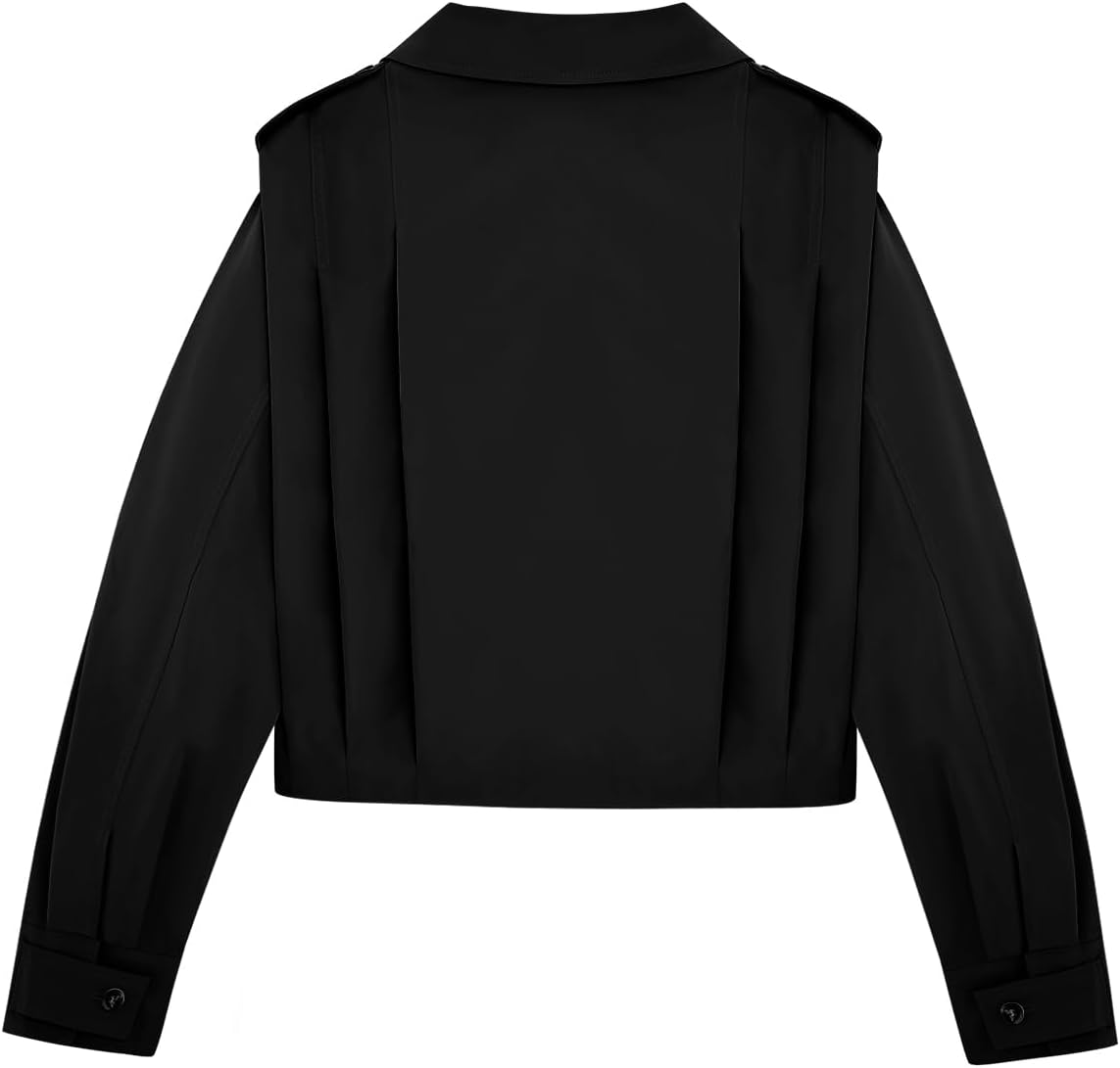 Cicy Bell Womens Cropped Trench Coats Pleated Button Down Short Jackets Fall Casual Lapel Loose Fit Outerwears - Image 5