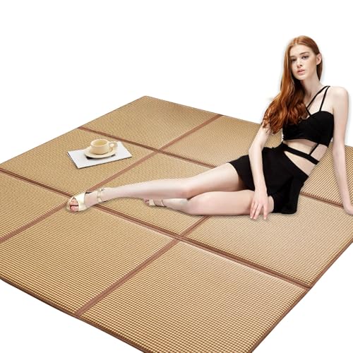 MBBTAG Esterilla de Tatami Japonesa, Transpirable y Plegable, Fina, de Junco, con Base Antideslizante, Ideal para Dormir, Sentarse, Hacer Yoga y Relajarse(Brown(B),65x195cm (3 grids))