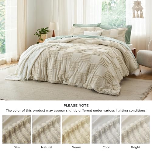 Image of Bedsure Full Size Comforter Set Linen, Boho Tufted Bed Set, Grande Checkered Farmhouse-Style Distressed Vintage Bedding, 3 Pieces, 1 Plaid Geometric Comforter and 2 Pillow Shams