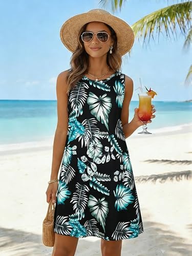 Image of elescat Women's Summer Dresses 2026 Beach Casual Sleeveless Floral Print Tank Loose Sundress with Pocket