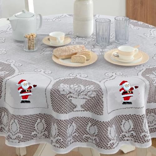 Toalha de Mesa Redonda 1,60m Renda 4 lugares Natal Transfer Papai Noel