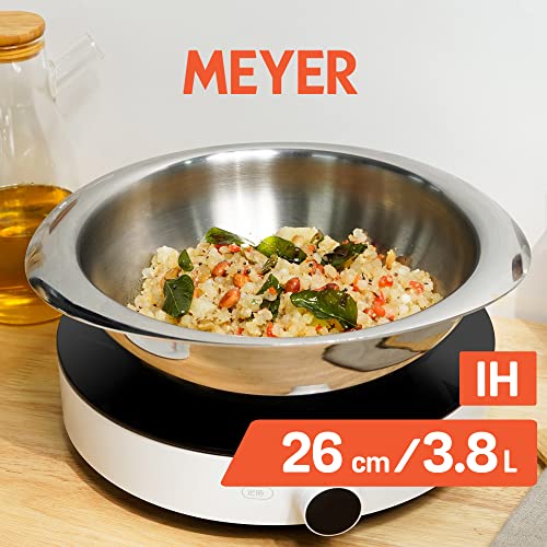 Image of Meyer Trivantage Nickel Free Stainless Steel Triply Tasla | Steel Kadai Heavy Bottom | Tasla Kadhai | Triply Deep Kadai Without Handle | Gas and Induction Base, 26cm