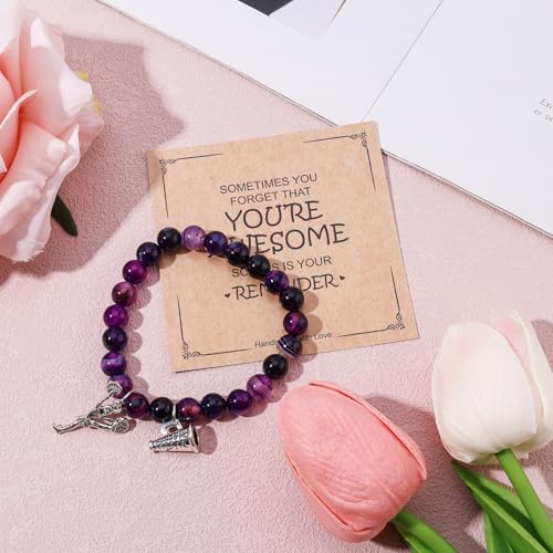 Cheer Bracelet, Purple Agate Smooth Cheerleading Beaded Bracelet Charming Mysterious Cheerleader Gifts with Encouragement Card Cheer Stuff with Cheerleader Pendant for Cheering Squad3