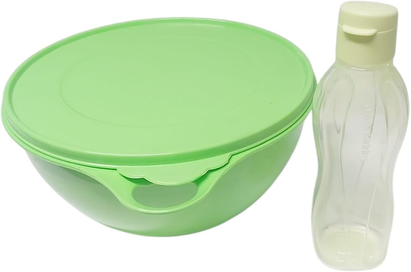 Tupperware EcoEasy Trinkflasche 0,5 Liter Lime + SIGNORA WARE Rühr- & Salatschüssel 5,0 Liter Grün mit Deckel – BPA-freies Küchen-Set für Salat, Hefeteig & Aufbewahrung