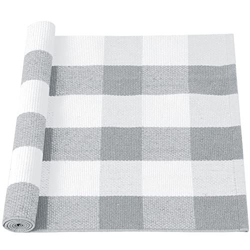 sourcing map Tapete de algodón a cuadros para puerta, color gris y blanco, tapete a cuadros para interiores y exteriores, tapete tejido lavable de búfalo, tapete retro para porche delantero/cocina, 24