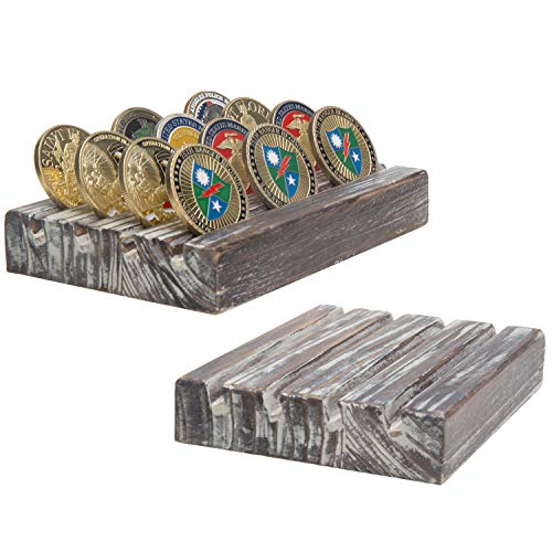 MyGift Tackched Wood Military Challenge Coin Holder Display, 4 Reihen für mehrere Münzen, 2 Stück Cover
