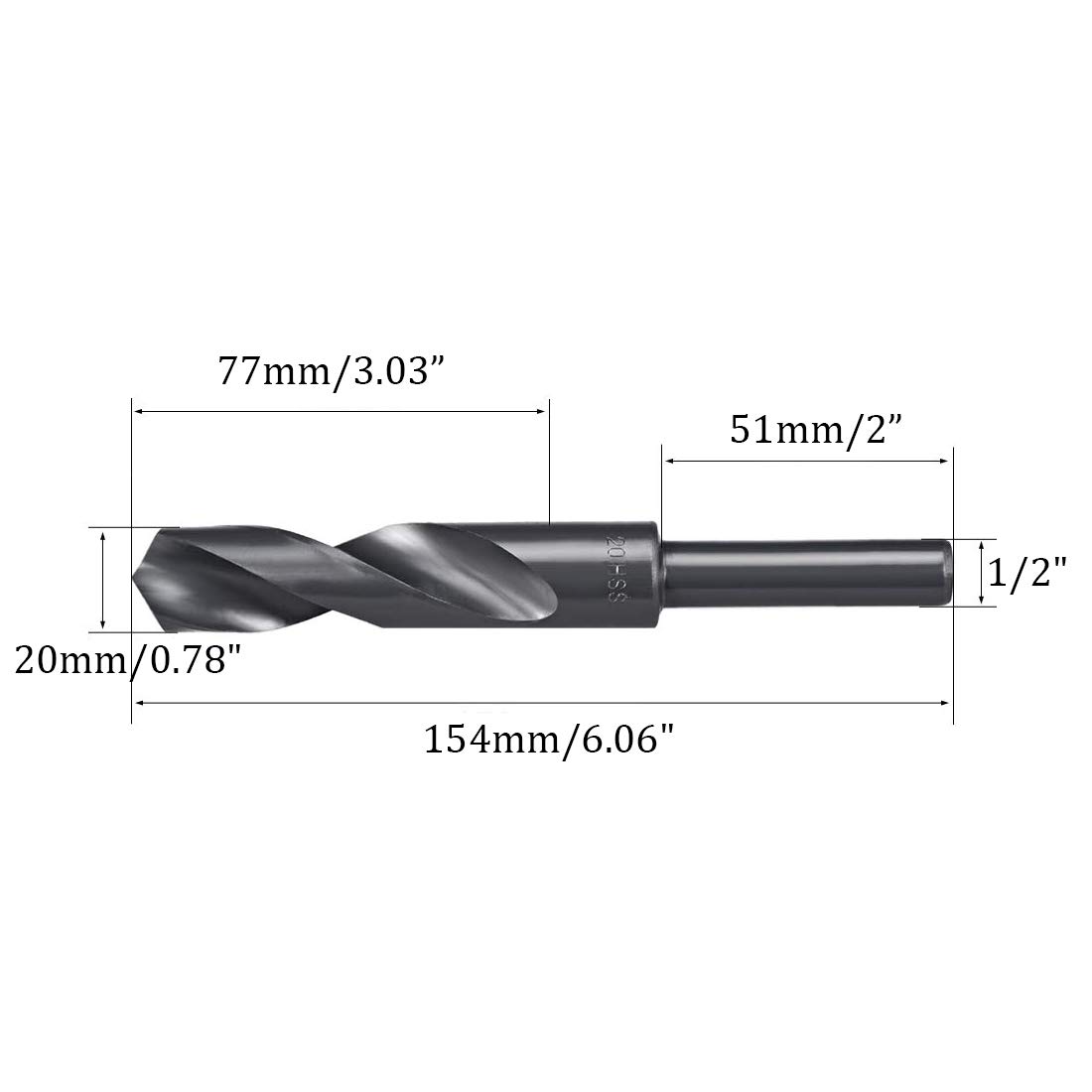 20mm Reduced Shank Drill Bit, 1/2” Shank High Speed Steel Twist Drill Bit HSS 9341 for Aluminum Plate Copper Wood Stainless Steel