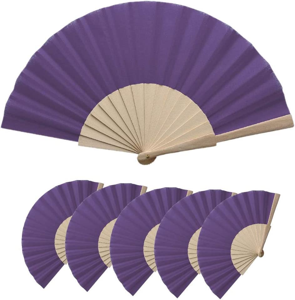 Deliex delicias de Extremadura. Lote 50 Abanicos de tela y madera en color morados. Abanicos para invitadas en bodas, bautizos y comuniones, abnicos para fiestas de veranos (MORADOS, 50)