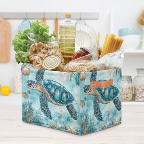Image of Turquoise Turtle Storage Baskets for Organizing, Fabric Collapsible Storage Bins Box Ocean Seashell Decorative Toy Organizer Baskets for Closet Shelves Gift Basket 1 Pc