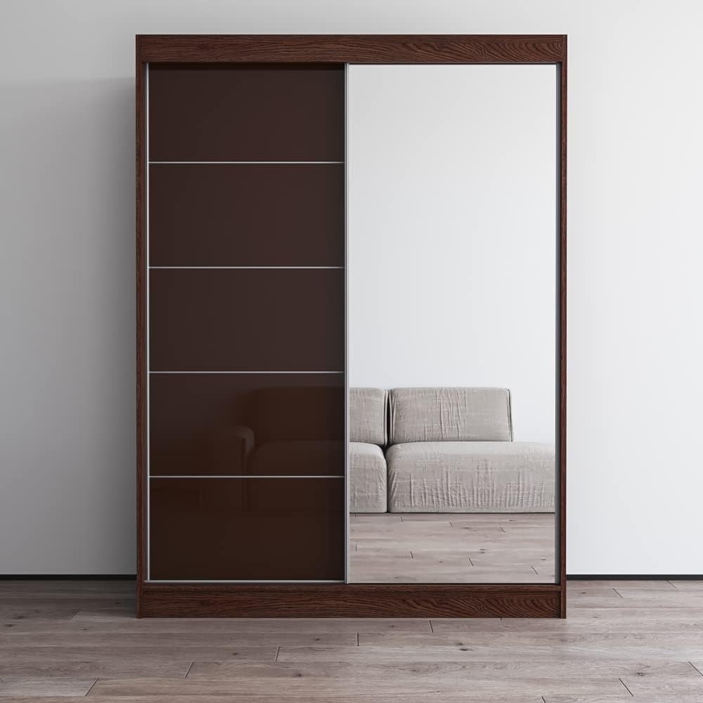 Meble Furniture Aria 2D Wardrobe with Mirror Doors — Spacious Storage with Shelves and Hanging Space — Modern Armoire Closet — Wenge with Mirror, 80" H x 59" W x 26" D