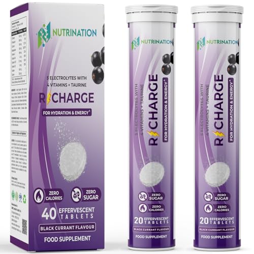 Electrolytes Hydration Tablets | 40 Effervescent Rehydration Tablets | 5 High Strength Electrolytes with Added Vitamin B6, B12, C & D | 250mg Taurine for Energy | Black Currant Flavour