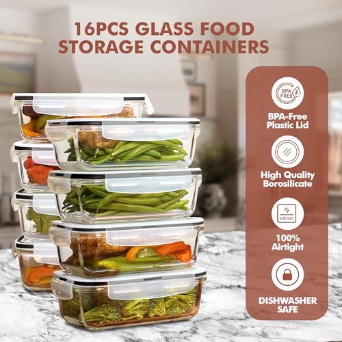 Image of Razab 16 Pc (Set of 8) 30 Oz Glass Meal Prep Containers with Lids, Airtight Large Glass Food Storage Containers, Reusable Leak Proof BPA Free, Freezer to Oven and Dishwasher Safe
