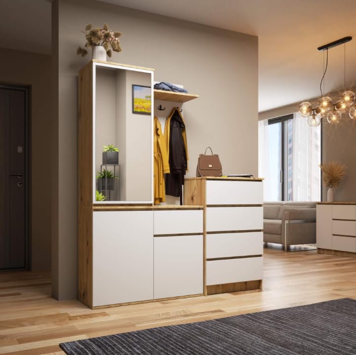 BDW ENTRO Armoire d'entrée avec Armoire à Glace, 95 x 183 x 35 cm, étagère à Chaussures, patères (chêne Artisanal/Blanc)
