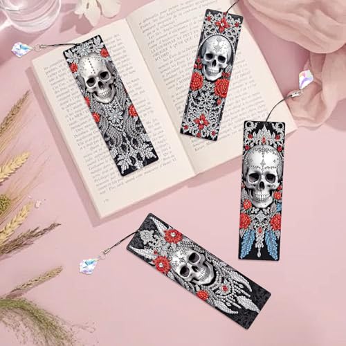 Image of 4 Pcs DIY 5D Diamond Painting Bookmark Kit - Special Shaped Crystal Rhinestones, Rose Skull Diamond Art Bookmarks with Crystal Pendant Tassels, Handmade Decorative Bookmarks Gift Set for Book Lovers