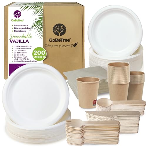 Vajilla Desechable de 200 pcs para 25 personas, Platos desechables de Caña de Azúcar y Cubiertos desechables de Madera, vasos desechables Kraft Para Cumpleaños infantil,fiestas y barbacoas