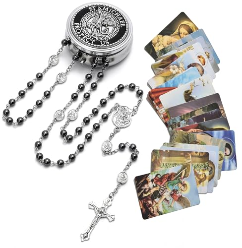 Catholic Rosary Beads for Men with Case and 18PCS Payer Cards, St Michael the Archangel Medal, First Communion Gifts for Boy - Faith Jewelry for Prayer & Spiritual Gifts