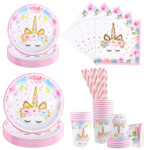 Aitsite Lot de 100 assiettes de fête licorne pour 20 invités - Vaisselle d'anniversaire licorne - Décoration de fête d'anniversaire - Assiettes, gobelets,...