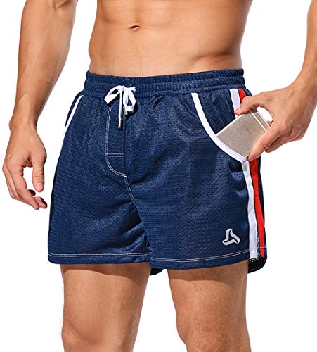 SILKWORLD Men's Mesh Vintage Athletic Workout Gym Shorts with Pockets,Navy,Medium